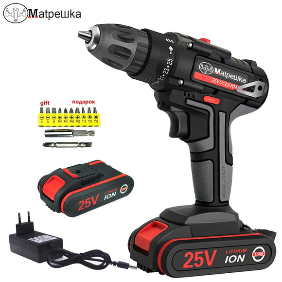 25VCordless Screwdriver Electric Screwdriver Cordless Drill  Power Tools Handheld Drill Lithium Battery Charging Drill + Battery